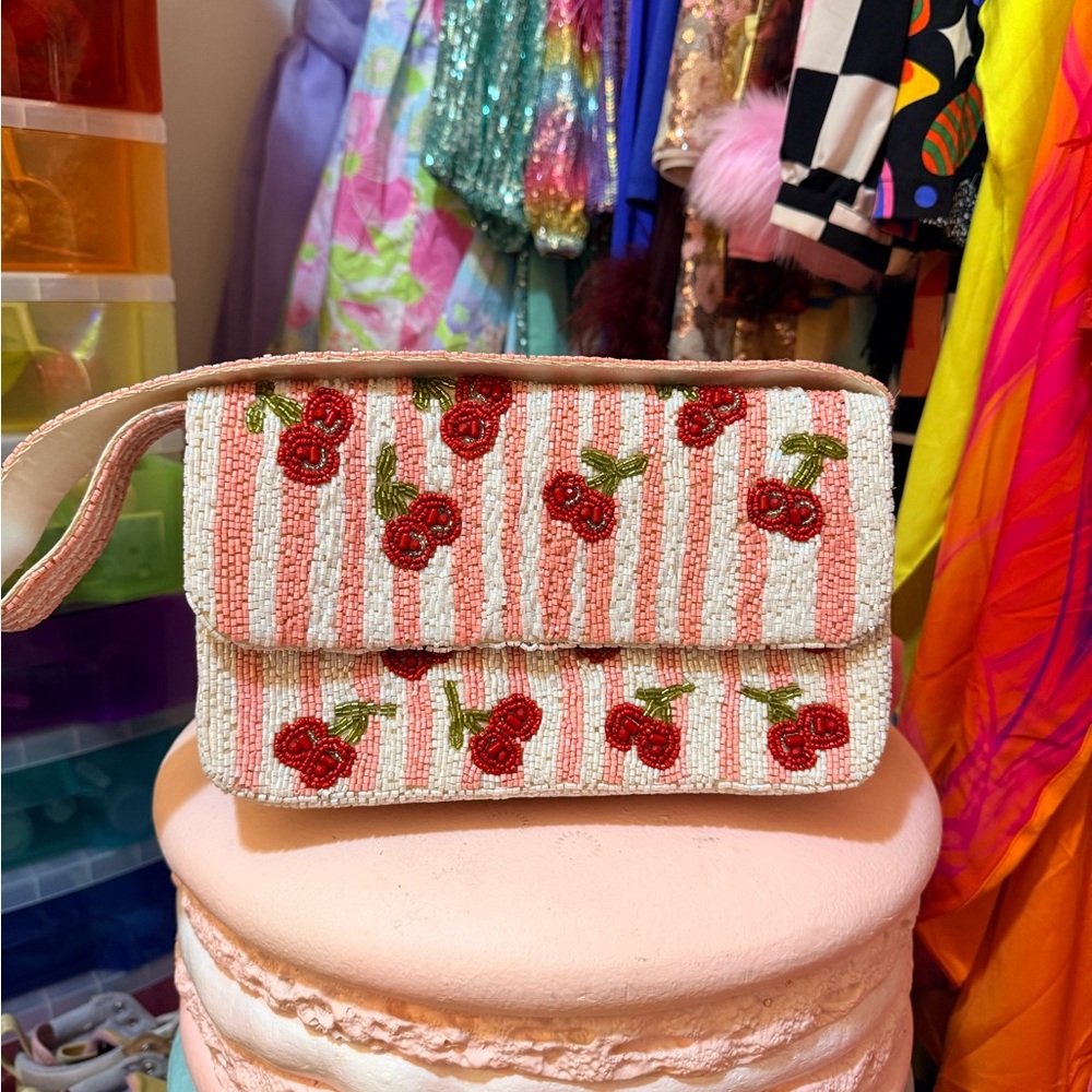 Cherry beaded Embroidered Clutch - Pink and Red